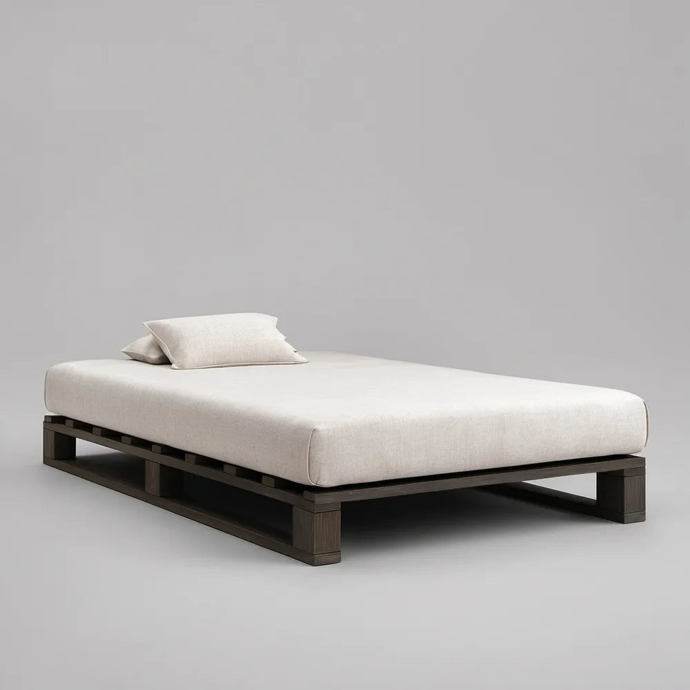 Cama Plataforma Estofada 160 x 200 cm em Madeira Maciça Castanho-escuro e Tecido Bege-claro