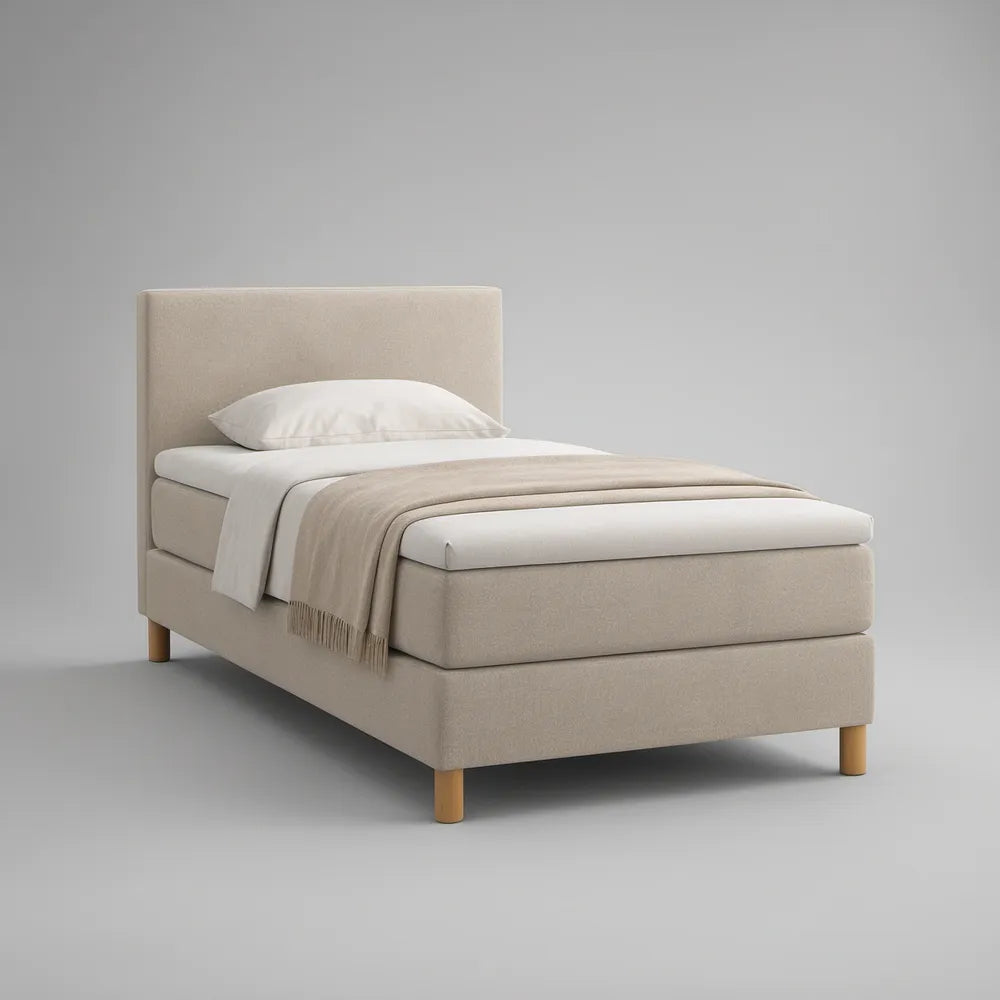 Cama Individual Estofada Bege com Cabeceira Retangular 90 x 200 cm