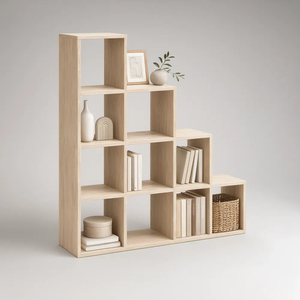 Estante Modular em Escada com 10 Nichos, 120 x 30 x 120 cm, Carvalho-claro