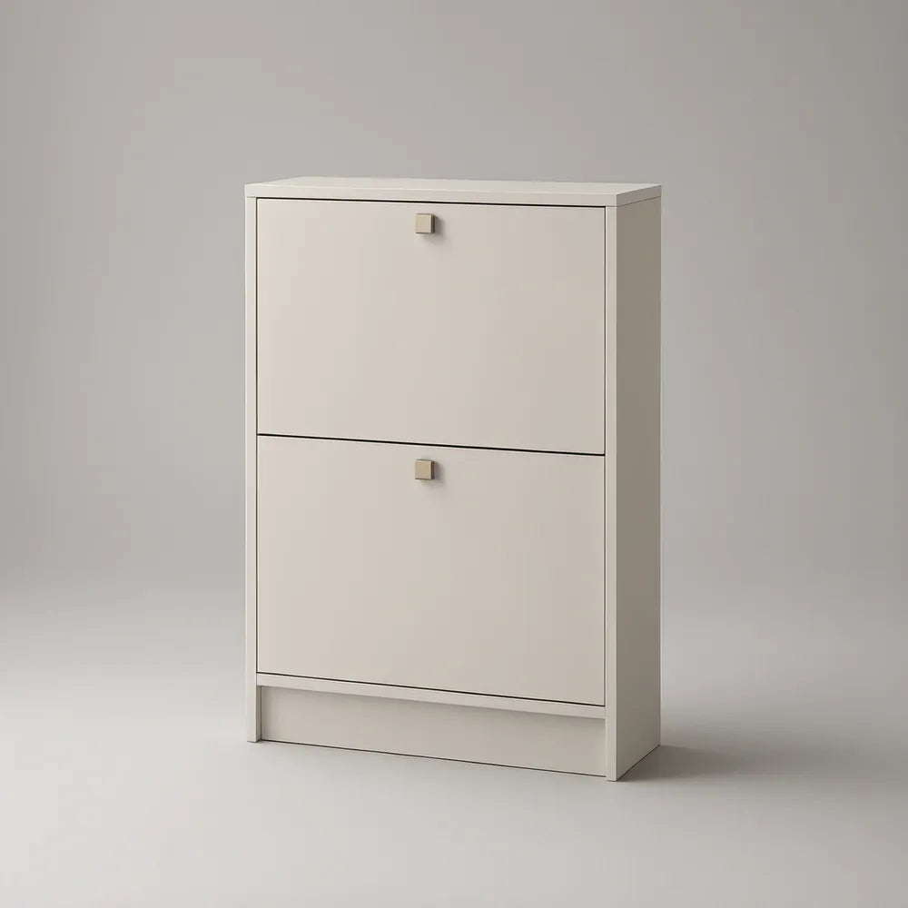 Armário para Calçado Estreito com 2 Portas Basculantes em Branco e Bege-Claro, 60 x 24 x 90 cm