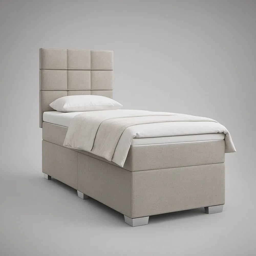Cama Individual Estofada Bege com Cabeceira Acolchoada, 100 x 210 x 120 cm, para Colchão 90 x 200 cm
