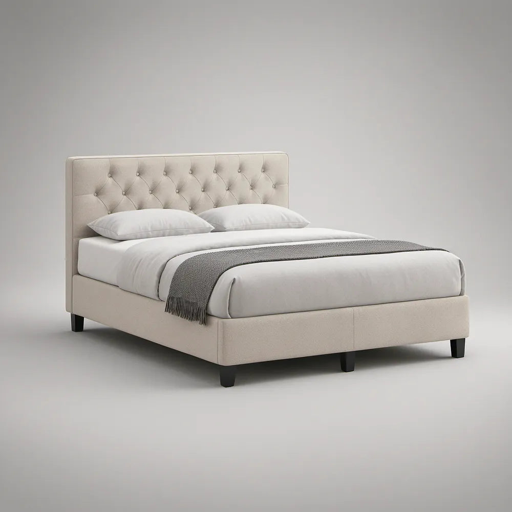 Cama de Casal Estofada Bege 160 x 200 cm com Cabeceira Capitonê e Pés Pretos