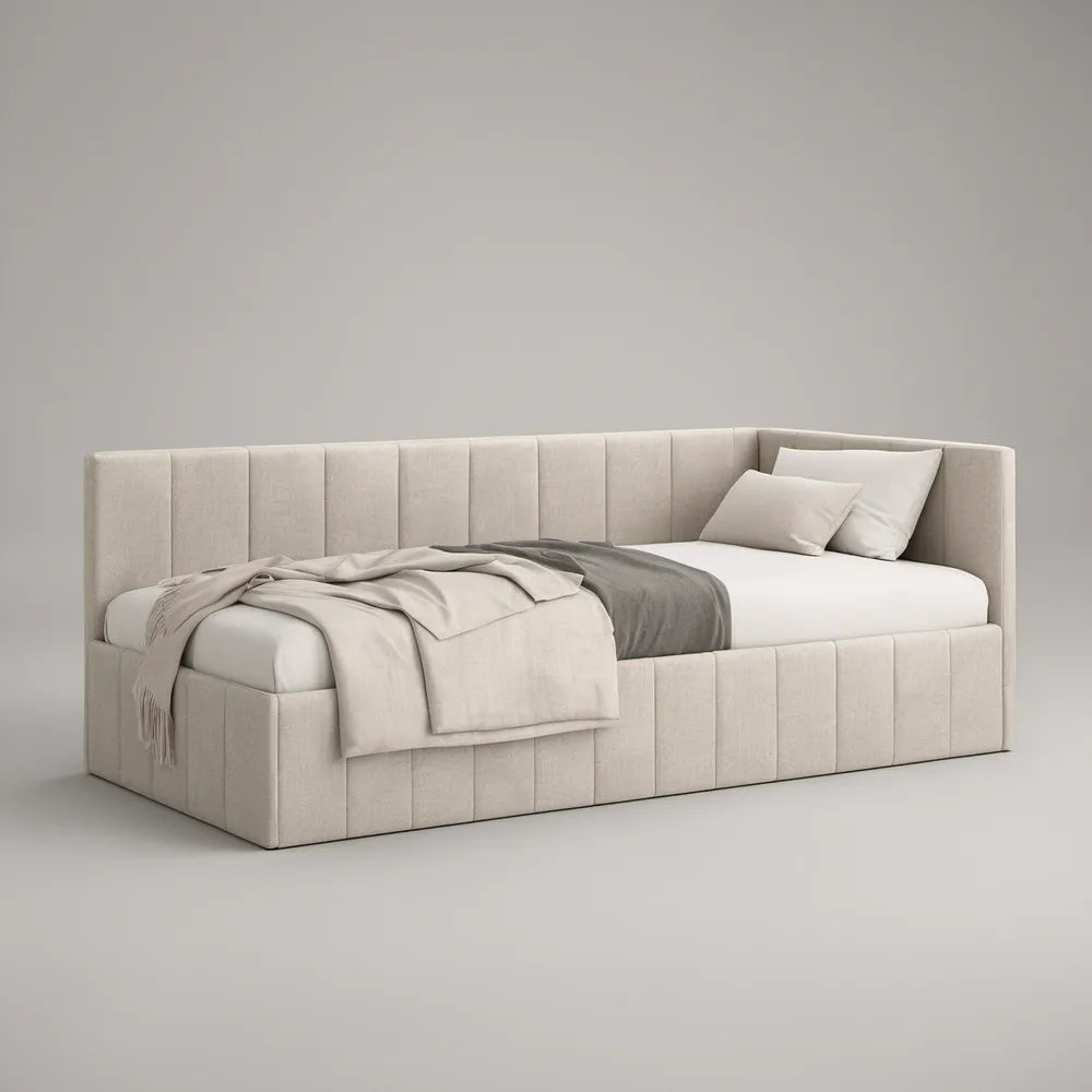 Cama individual estofada em poliéster creme 220 x 105 x 85 cm para colchão de 90 x 200 cm