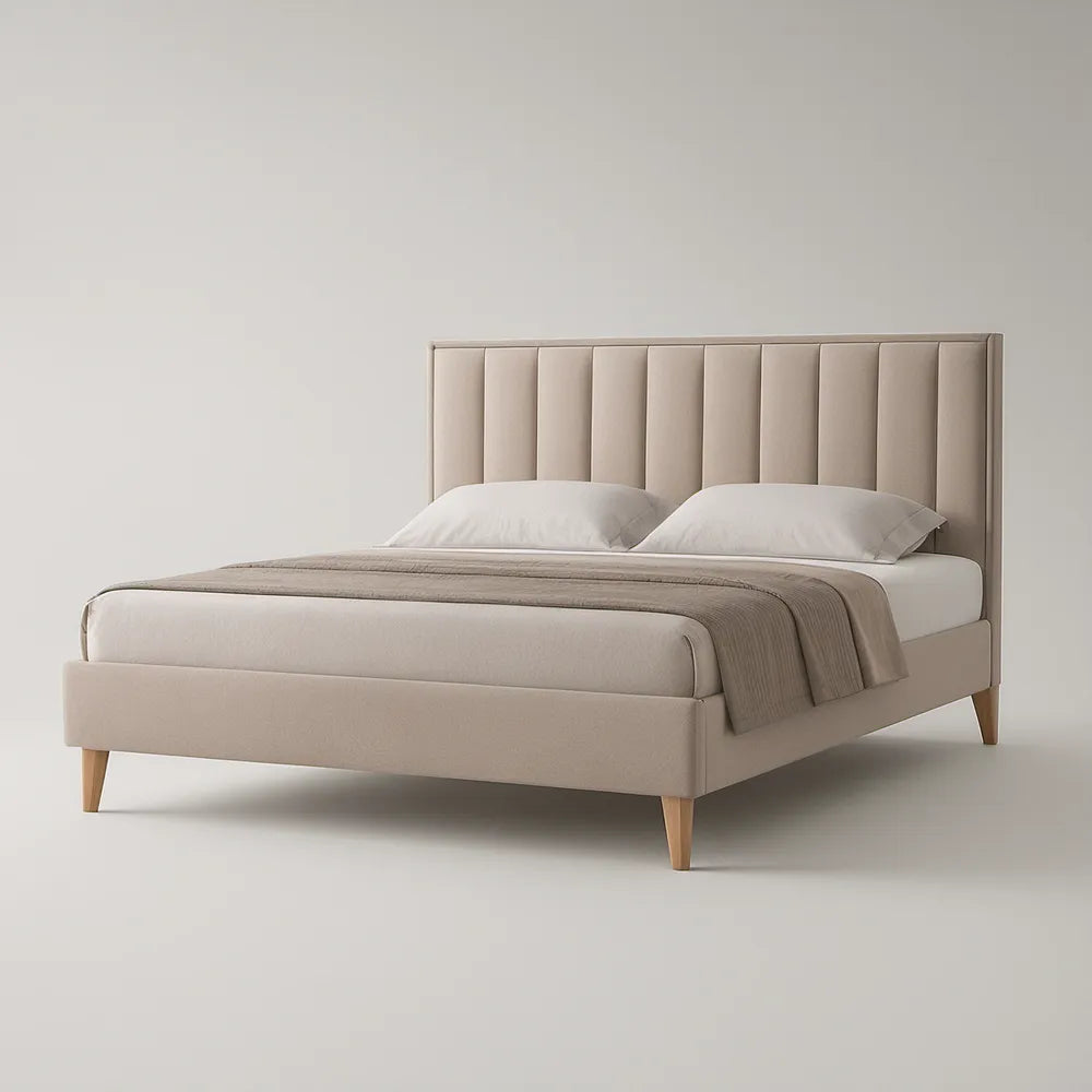 Cama de Casal Estofada Bege 160 x 200 cm com Cabeceira Acolchoada