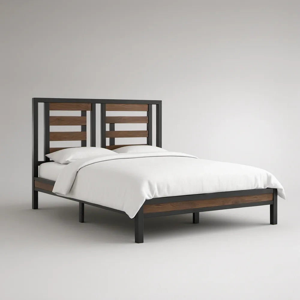 Cama de Casal 160 x 200 cm em Aço Carbono e MDF Preto e Castanho Nogueira