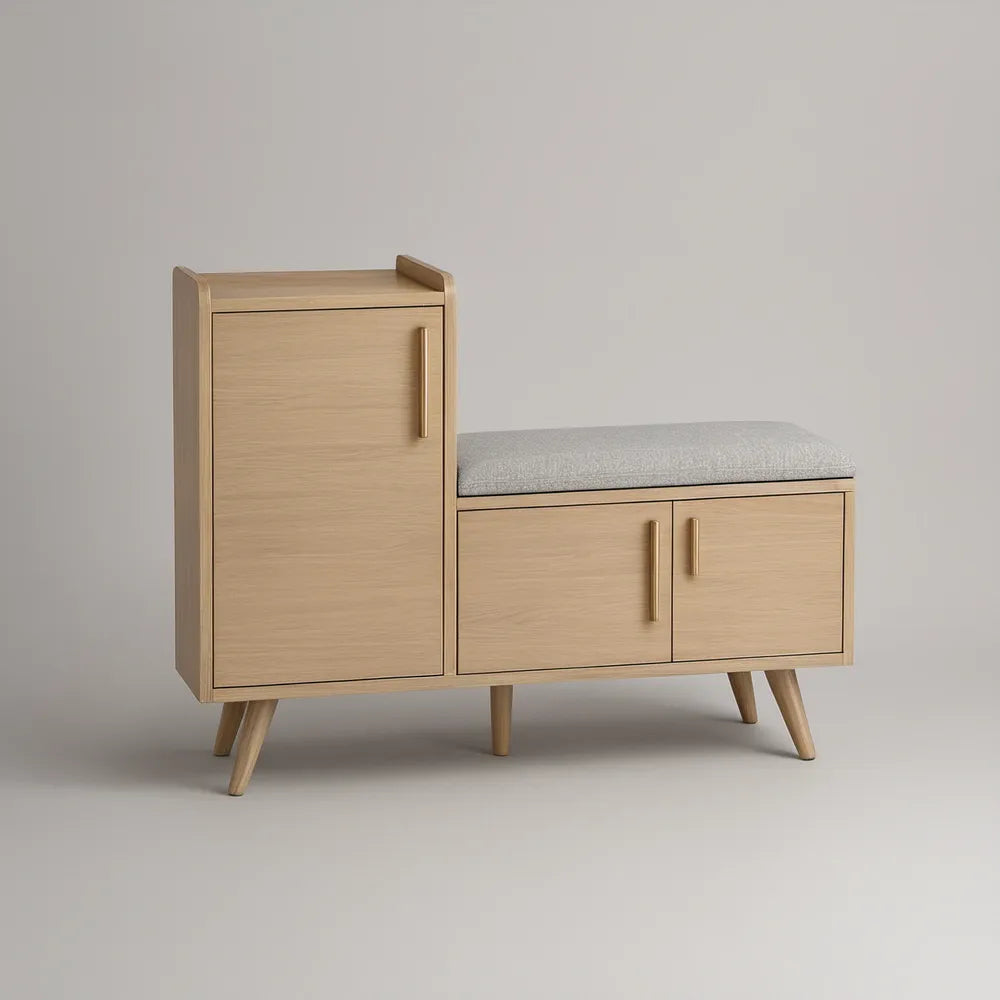Sapateira com Banco 100 x 35 x 85 cm em MDF Carvalho Natural com Almofada Cinzenta