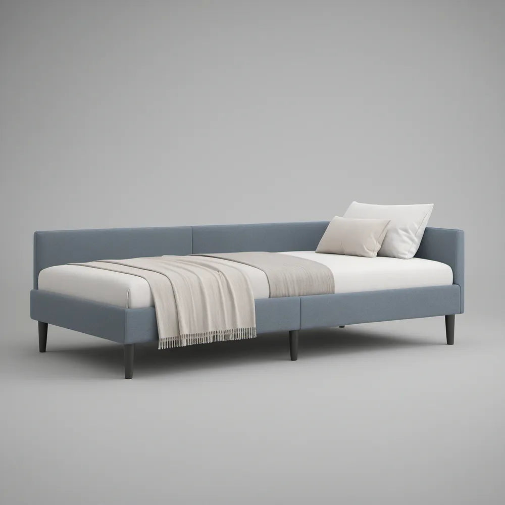 Cama individual estofada azul-cinzento com cabeceira, 90 x 200 cm