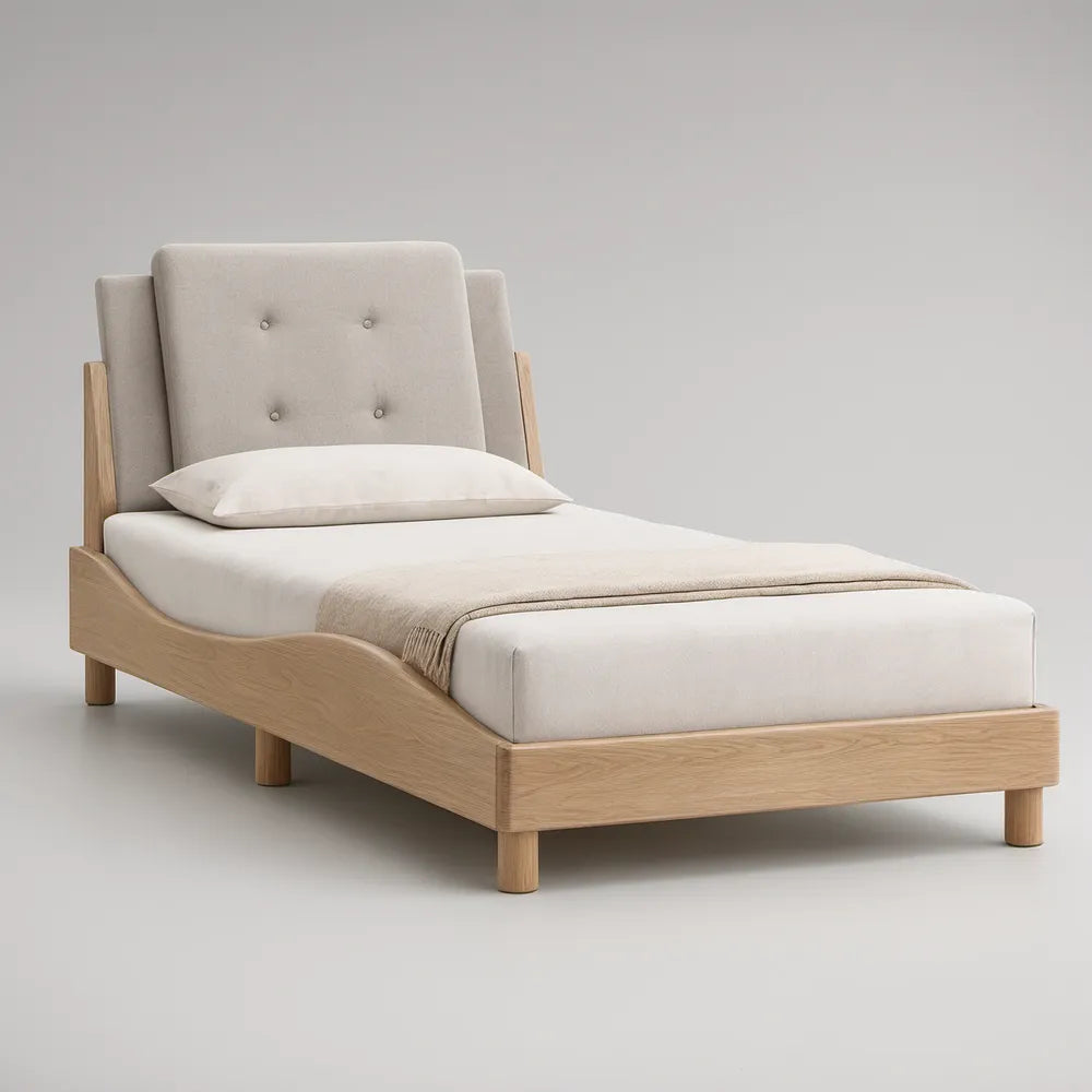 Cama 90 x 200 cm com Cabeceira Estofada Bege e Estrutura em Carvalho Natural
