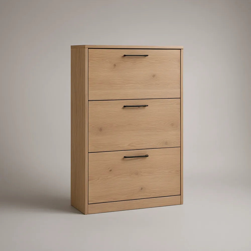 Sapateira de 3 Portas Basculantes em MDF Carvalho Natural e Preto, 80 x 30 x 120 cm