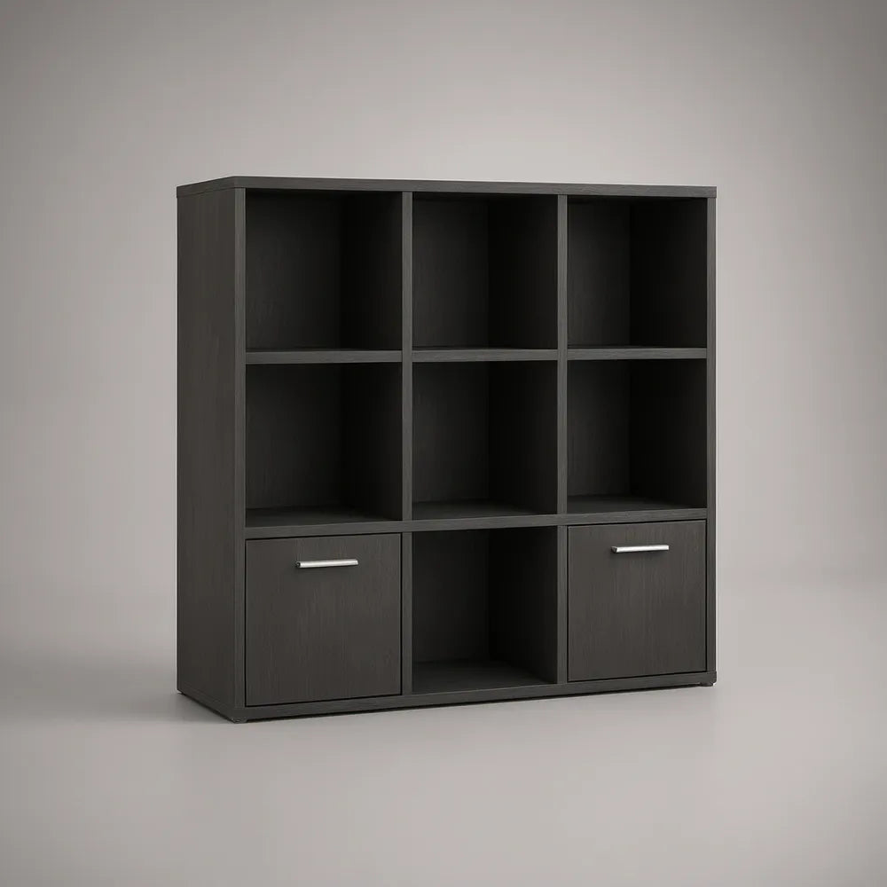 Estante em Aglomerado Preto com 2 Portas e 7 Nichos, 120 x 40 x 120 cm