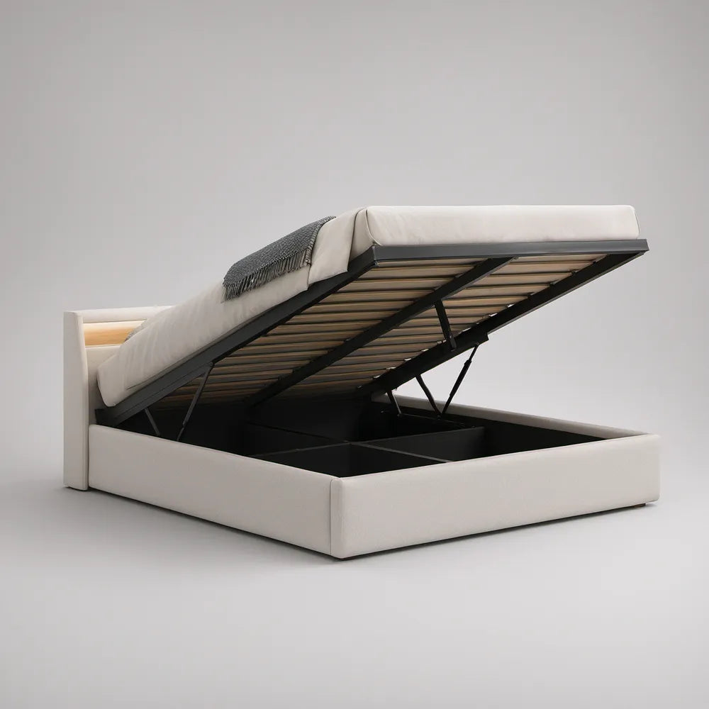 Cama de Casal com Arrumação Elevatória para Colchão 160 x 200 cm em Pele Sintética PU Bege e Preto