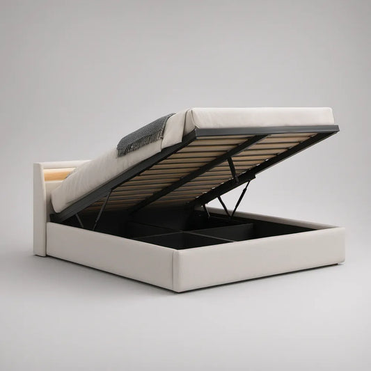Cama de Casal com Arrumação Elevatória para Colchão 160 x 200 cm em Pele Sintética PU Bege e Preto