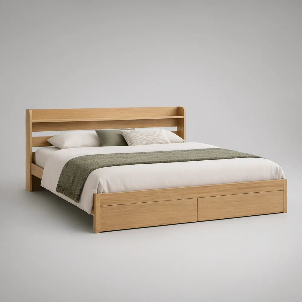 Cama de Casal 160 x 200 cm com 2 Gavetas e Cabeceira em Carvalho Natural